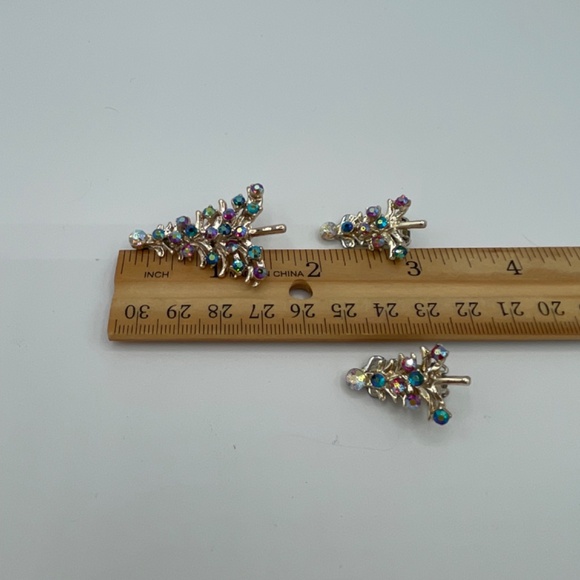 VTG Set Christmas Tree Brooch and Clip on Earrings Silver tone Multi Rhinestone - Picture 8 of 9
